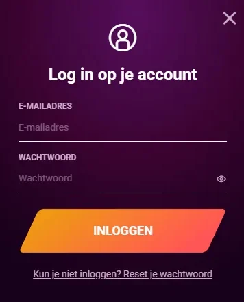 Inlogscherm casino met e-mail wachtwoord velden